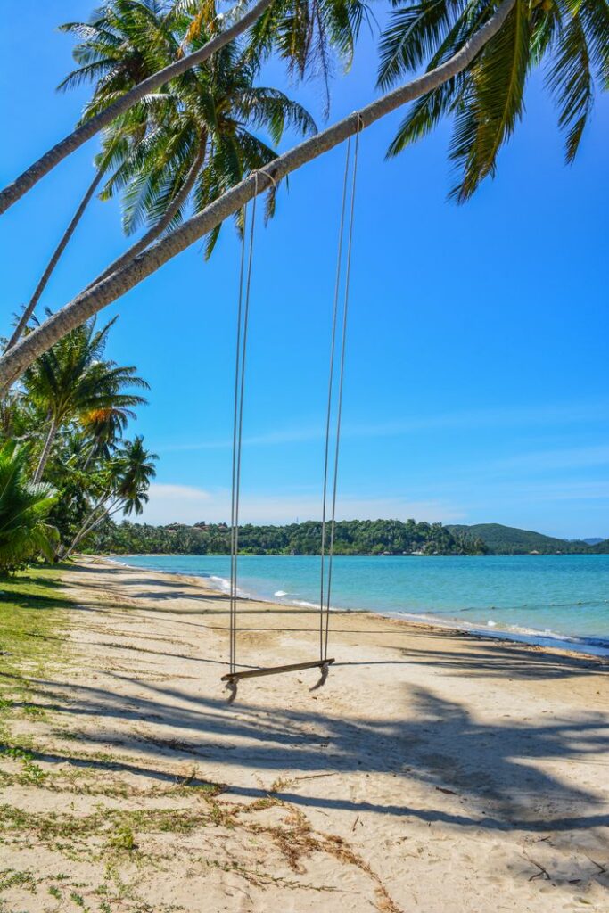 Serene beach with a palm-fringed swing on Ko Mak island, Thailand, under a bright blue sky.